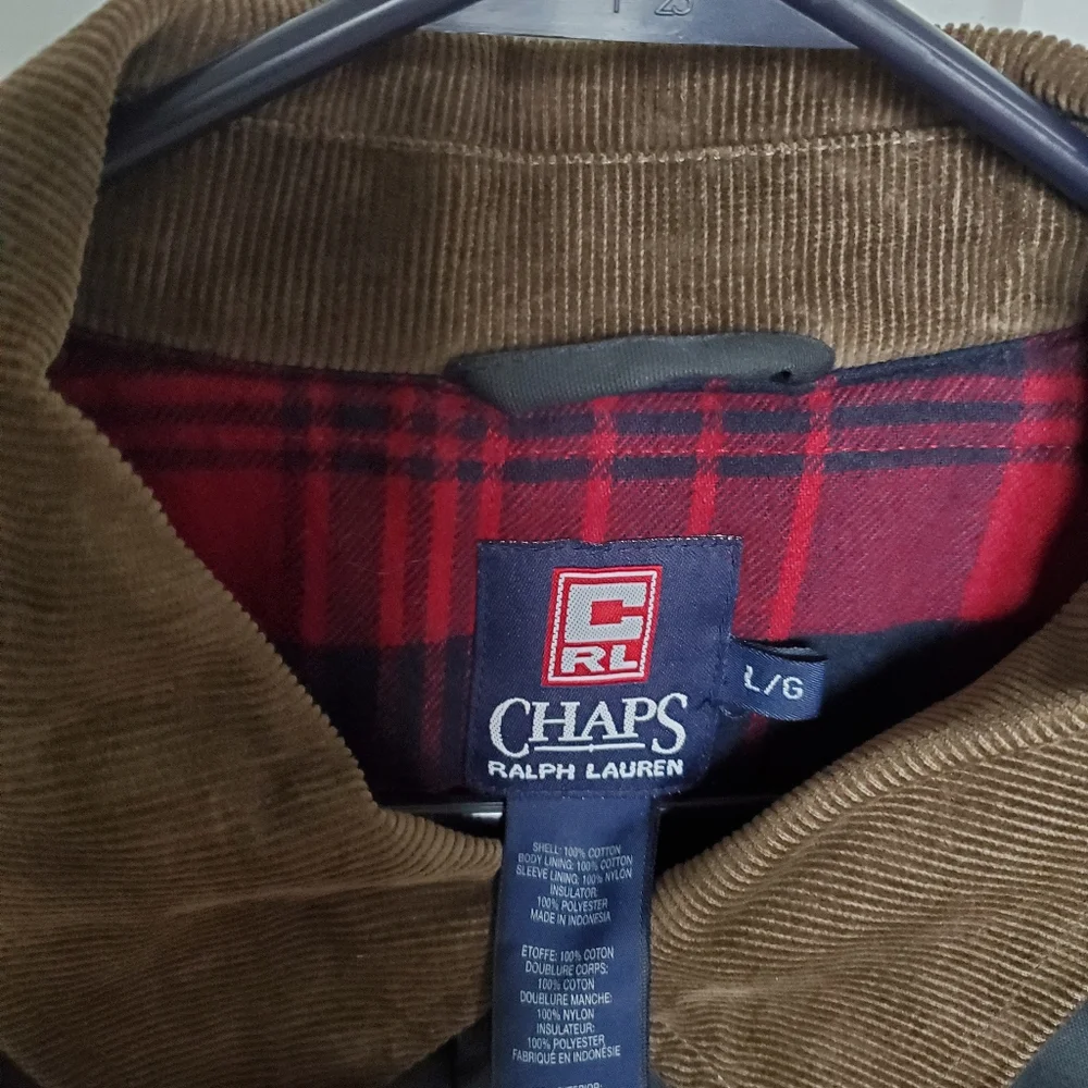 Chaps Ralph Lauren Men's L Coat, Corduroy Collar, Red Plaid Flannel Inside
